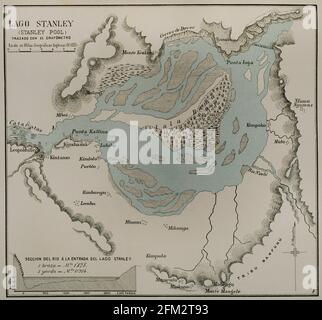 Histoire de l'Afrique. 19e siècle. Carte du lac Stanley. Gravure. El Congo y la Creación del Estado Independiente de este nombre. Historia de los Trabajos y Exploraciones Verificados (le Congo et la fondation de son État libre. Une histoire de travail et d'exploration), par Henry M. Stanley. Édité à Barcelone, vers 1890. Espagne. Banque D'Images