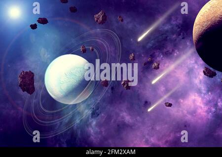 Planète avec des anneaux et des comètes, des astéroïdes météorites qui se démerdent. Cataclysmes. Formation et création de nouveaux mondes. Exoplanètes, galaxies et nébuleuses Banque D'Images