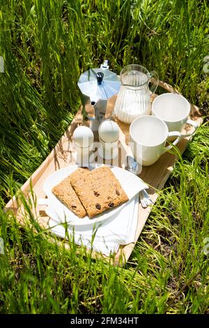 Petit déjeuner pour deux sur la pelouse dans le jardin Banque D'Images