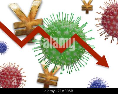 Coronavirus : flèche vers le bas et symbole yen. Banque D'Images