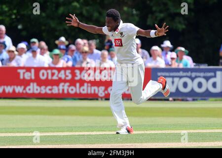 Jofra Archer, de Sussex, célèbre la prise du cricket de Nick Browne lors de la CCC d'Essex contre CCC de Sussex, la division 2 du championnat du comté de Specsavers Cricket a Banque D'Images