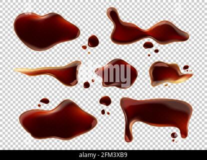 Verser la sauce soja ou le flaque de cola isolé gouttes de liquide brun vue du dessus sur fond transparent. Soda boisson brun splatters, abstrait déversé condiment bobs asiatiques, réaliste 3d illustration vectorielle, ensemble Illustration de Vecteur