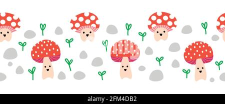 Joli toadtabourets à bordure vectorielle sans couture. Mignon horizontal répétition enfants motif champignons champignons avec visages souriants. Motif de surface pour le tissu Illustration de Vecteur