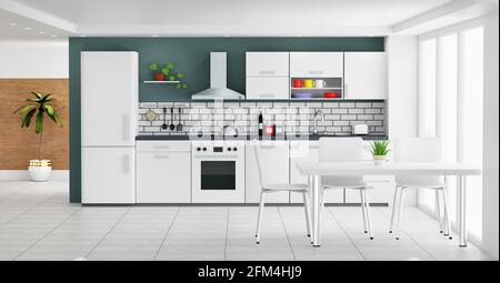 Intérieur de cuisine blanc moderne avec fenêtre - rendu 3d Banque D'Images