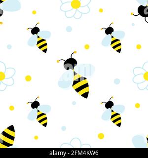 Abeille à rayures. Les enfants répètent le motif avec l'abeille dans la prairie. Motif vectoriel sans couture avec camomille à fleurs blanches. Illustration de Vecteur
