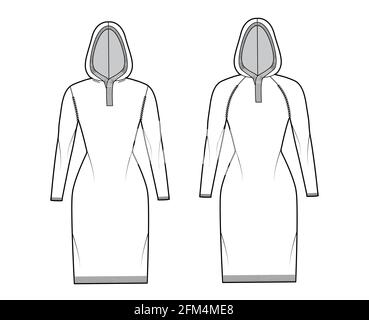 Ensemble de robes à capuche chandails illustration technique de la mode avec col boutonné, manches raglan longues, coupe près du genou, bordure côtelée en tricot. Vêtements plats à l'avant, à l'arrière, de couleur blanche. Maquette CAD pour femmes et hommes Illustration de Vecteur