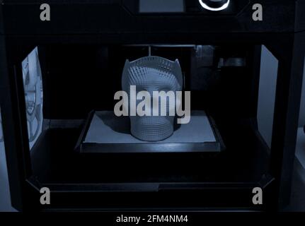 Crâne imprimé en plastique gris bleu sur imprimante 3d. Banque D'Images