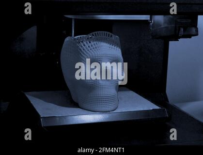 Crâne imprimé en plastique gris bleu sur imprimante 3d. Banque D'Images