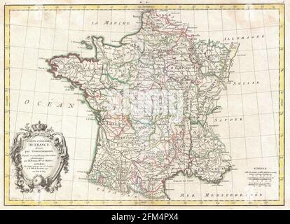 Carte de France gravée en cuivre d'époque du XVIIIe siècle. Toutes les cartes sont magnifiquement colorées et illustrées montrant le monde à l'époque. Banque D'Images