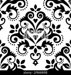 Papier peint en damassé, motif textile ou tissu noir et blanc, motif vectoriel traditionnel avec fleurs, feuilles et tourbillons Illustration de Vecteur