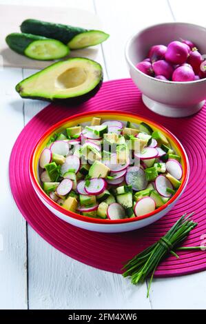 Salade avec concombre radis avocat et oignon de printemps Banque D'Images