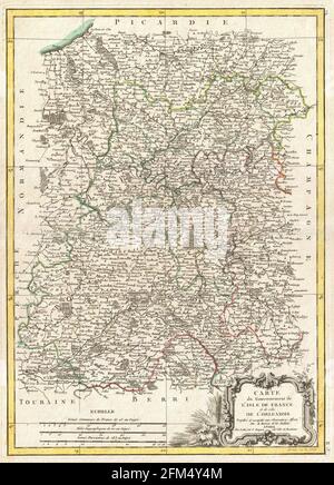 Carte de France gravée en cuivre d'époque du XVIIIe siècle. Toutes les cartes sont magnifiquement colorées et illustrées montrant le monde à l'époque. Banque D'Images