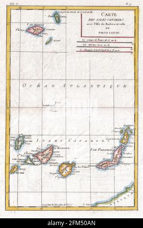 Carte ancienne gravée en cuivre des îles Canaries du XVIIIe siècle. Toutes les cartes sont magnifiquement colorées et illustrées montrant le monde à l'époque. Banque D'Images