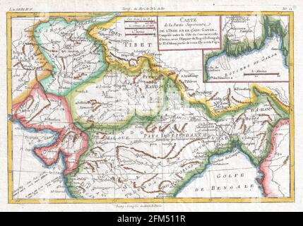 Carte gravée de cuivre d'époque du nord de l'Inde du XVIIIe siècle. Toutes les cartes sont magnifiquement colorées et illustrées montrant le monde à l'époque. Banque D'Images