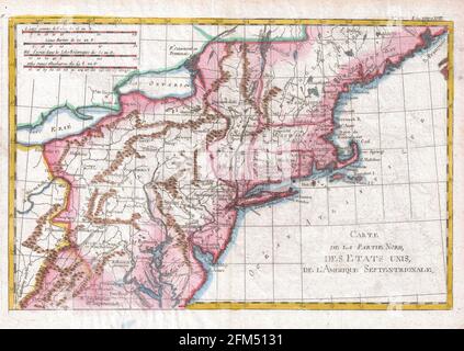 Carte gravée de cuivre d'époque du nord des États-Unis du XVIIIe siècle. Toutes les cartes sont magnifiquement colorées et illustrées montrant le monde à l'époque. Banque D'Images