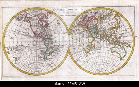 Carte du monde gravée de cuivre d'époque du XVIIIe siècle. Toutes les cartes sont magnifiquement colorées et illustrées montrant le monde à l'époque. Banque D'Images