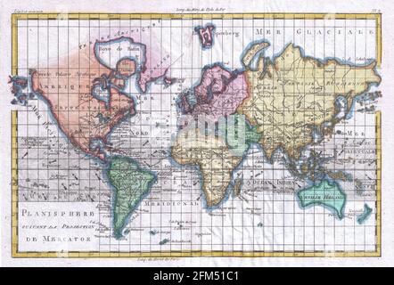 Carte du monde gravée de cuivre d'époque du XVIIIe siècle. Toutes les cartes sont magnifiquement colorées et illustrées montrant le monde à l'époque. Banque D'Images