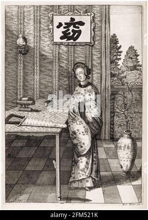 Femme chinoise en robe traditionnelle à une table avec un petit oiseau et Qin ou cithare: Du livre une ambassade de la Compagnie est-Inde des provinces-Unis au Grand Tartar Cham, Empereur de Chine, par Johannes Nieuhof, gravure par Venceslaus Holar, 1669 Banque D'Images