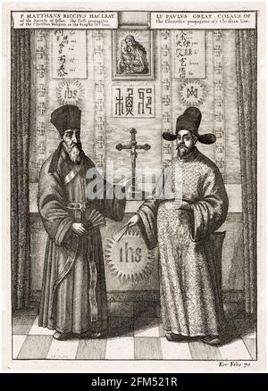 Christianisme en Chine: Prêtres jésuites de la Société de Jésus: Du livre une ambassade de la Compagnie des provinces de l'est-Inde au Grand Tartar Cham, empereur de Chine, par Johannes Nieuhof, gravure par Venceslaus Holar, 1669 Banque D'Images