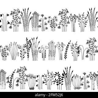 Fines herbes et fleurs sans couture bordure vectorielle, motif floral isolé sur fond blanc Illustration de Vecteur