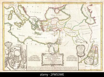 Carte en cuivre d'époque gravée des nouveaux testaments du XVIIIe siècle. Toutes les cartes sont magnifiquement colorées et illustrées montrant le monde à l'époque. Banque D'Images