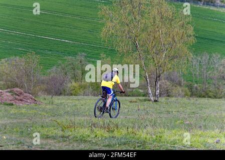 Cycliste masculin en chemise jaune et short bleu en vitesse Descente sur White Downs dans les collines de Surrey sur un Jour de printemps près de Dorking Angleterre Royaume-Uni Banque D'Images