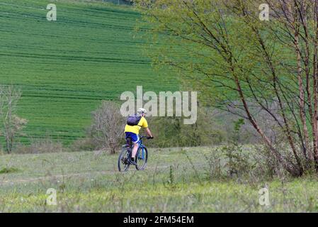 Cycliste masculin en chemise jaune et short bleu en vitesse Descente sur White Downs dans les collines de Surrey sur un Jour de printemps près de Dorking Angleterre Royaume-Uni Banque D'Images