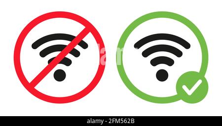 Illustration vectorielle à plat des signes wifi autorisés et interdits. Symboles de réseau sans fil. Bonne ou mauvaise connexion. Icônes Wi-fi dans un cercle rouge barré, dans un cercle vert. Permis Internet et interdit. Illustration de Vecteur