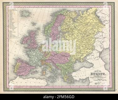 Carte d'Europe en cuivre antique gravée du XIXe siècle. Toutes les cartes sont magnifiquement colorées et illustrées montrant le monde à l'époque. Banque D'Images