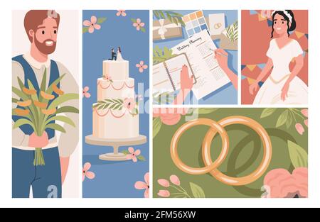 Illustrations vectorielles plates mariage. Marié heureux avec bouquet, mariée souriante en robe de mariage blanche, planification de mariage, anneaux de mariage, et gâteau de mariage décoré de fleurs et de feuilles. Illustration de Vecteur