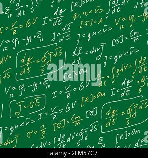 Formules de physique motif vectoriel manuscrit, arrière-plan abstrait sans couture, équations dessinées à la main isolées sur fond vert, scientifique, educat Illustration de Vecteur