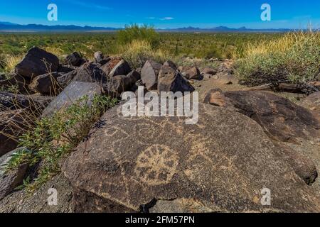 Pétroglyphes à signal Hill fabriqués par des gens de Hohokam de 450 à 1450 ce, parc national de Saguaro, district de montagne de Tucson, Arizona, États-Unis Banque D'Images