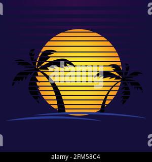 Vecteur de silhouettes de palmier sur un coucher de soleil dégradé. Logo années 80 de style rétro ou illustration d'icône Illustration de Vecteur