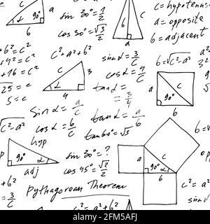 Scénario vectoriel trigonométrique manuscrit sans couture, formules mathématiques monochromes dessinées à la main isolées sur fond blanc, mathématiques, géométriques Illustration de Vecteur