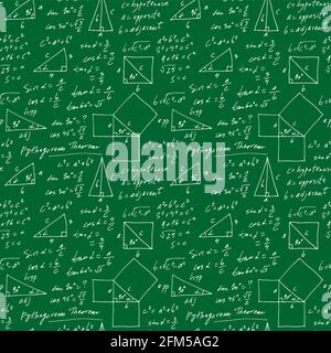 Scénario vectoriel trigonométrique manuscrit sans couture, formules mathématiques monochromes dessinées à la main isolées sur fond vert, mathématiques, géométriques Illustration de Vecteur