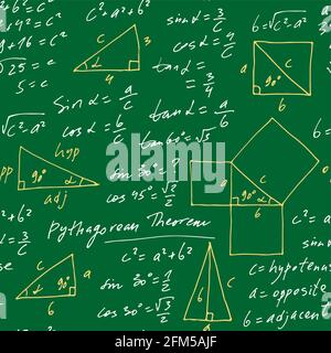 Scénario vectoriel trigonométrique manuscrit sans couture, formules mathématiques monochromes dessinées à la main isolées sur fond vert, mathématiques, scientifiques Illustration de Vecteur
