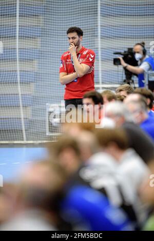 Eat, Allemagne. 05th May, 2021. Entraîneur Jamal NAJI (E) geste, geste, handball 1. Bundesliga, 28ème jour de match, TUSEM Essen (E) - Bergischer HC (BHC) 22:32, on 05.05.2021 in E ssen/Allemagne | usage Worldwide Credit: dpa/Alay Live News Banque D'Images