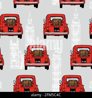 Rouge vieille voiture vecteur sans couture motif, voiture rétro dessinée à la main sur fond clair avec silhouette de la tour Elizabeth Illustration de Vecteur