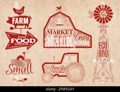 Caractères de ferme dans le style vintage lettering dans la grange de tracteur et le moulin et le champ de signe stylisé dessin en kraft couleur rouge Illustration de Vecteur