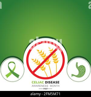 Illustration vectorielle du mois de sensibilisation à la maladie cœliaque en mai. C'est une réaction immunitaire à manger du gluten, une protéine trouvée dans le blé, l'orge. Illustration de Vecteur