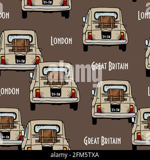Les vieilles voitures beiges vectorisent un motif sans couture, des automobiles rétro dessinées à la main sur fond avec du texte Illustration de Vecteur