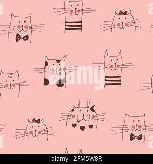 Chat fait face à un motif vectoriel sans couture, chats dessinés à la main isolés sur fond rose Illustration de Vecteur