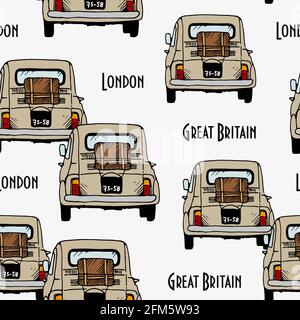 Vieux véhicules beige vector sans couture motif, voiture rétro dessinée à la main sur fond blanc avec texte Illustration de Vecteur