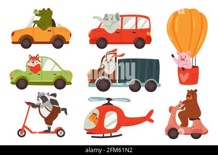 Jeu d'illustrations vectorielles de transport de véhicule de conduite d'animaux. Caricature drôle pilotes lapin lapin crocodile éléphant renard raton girafe ours personnage conduite, mignon cochon volant ballon isolé sur blanc Illustration de Vecteur