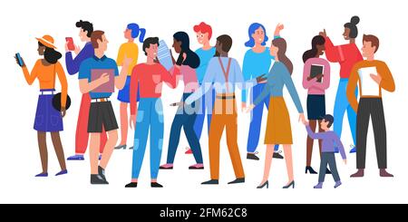 Les gens marchent dans l'illustration du vecteur de foule. Caricature d'âges différents et multiethnique divers groupe de personnages d'homme et de femme dans des vêtements décontractés marchant, tenant smartphone isolé sur blanc Illustration de Vecteur