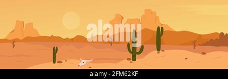 Mexique, Texas ou Arisona désert nature large panorama paysage illustration vectorielle. Dessin animé plat désert sec avec des rochers de montagne dunes, des cactus, une scène sauvage chaude de prairie de l'ouest, la nature sauvage. Illustration de Vecteur