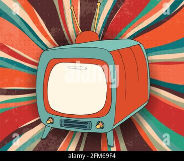 Concept broadcast film image - news - publicité - show - video.Hand draw comic Old Retro TV copy space screen.Vintage Television. Diffusion Illustration de Vecteur