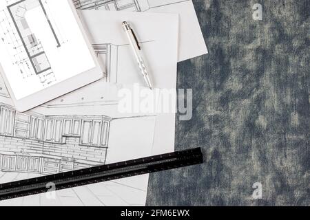 Rénovation architecturale sur mesure sur le projet de cuisine fait à la cuisine un processus de dessin de modèle de conception Banque D'Images