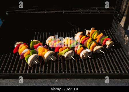 Brochettes de légumes sur le gril d'un barbecue à gaz. Banque D'Images