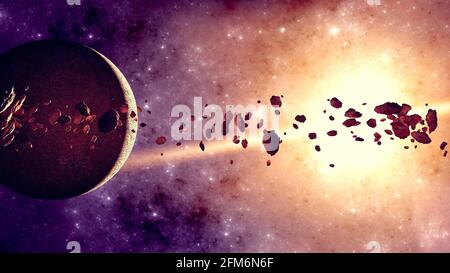 Planète et astéroïde. Anneaux d'astéroïdes autour d'une planète. Nouveaux mondes et galaxies, découvertes de nouvelles planètes. rendu 3d Banque D'Images